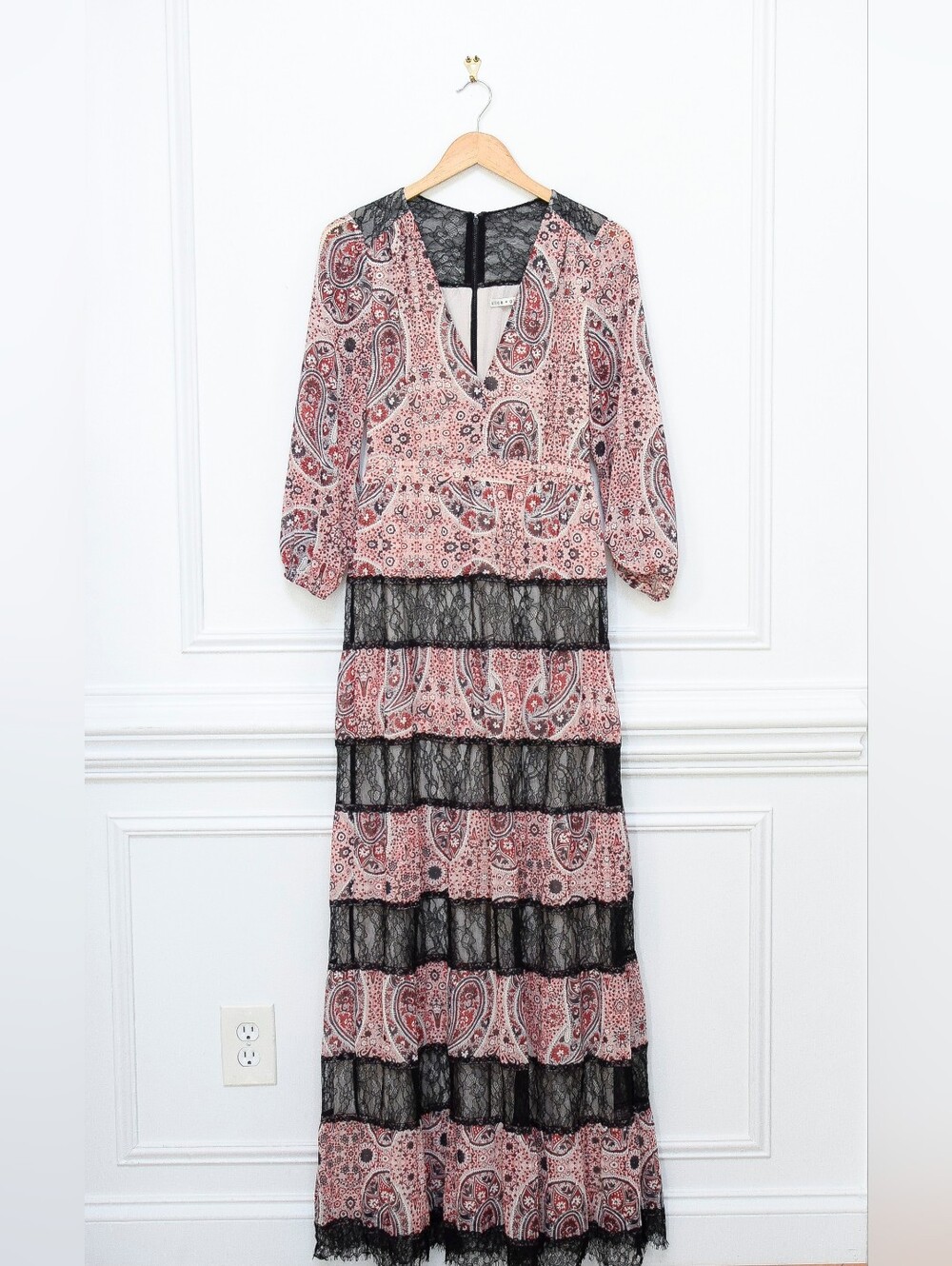 Alice + Olivia Daren Floral Paisley Maxi Dress Tiered Lace Red Black Sz 0 Boho - Picture 4 of 16